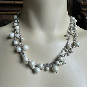 Talbots Statement Necklace 36 Inch Faux Pearl Cluster Beaded Dangles Silver Tone